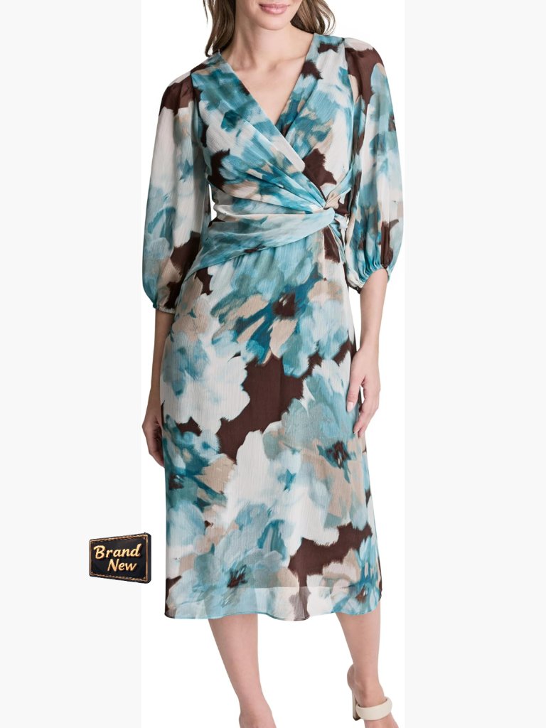 Women's 3/4 Sleeve Surplice Neck Chiffon Midi Dress Fit & Flare